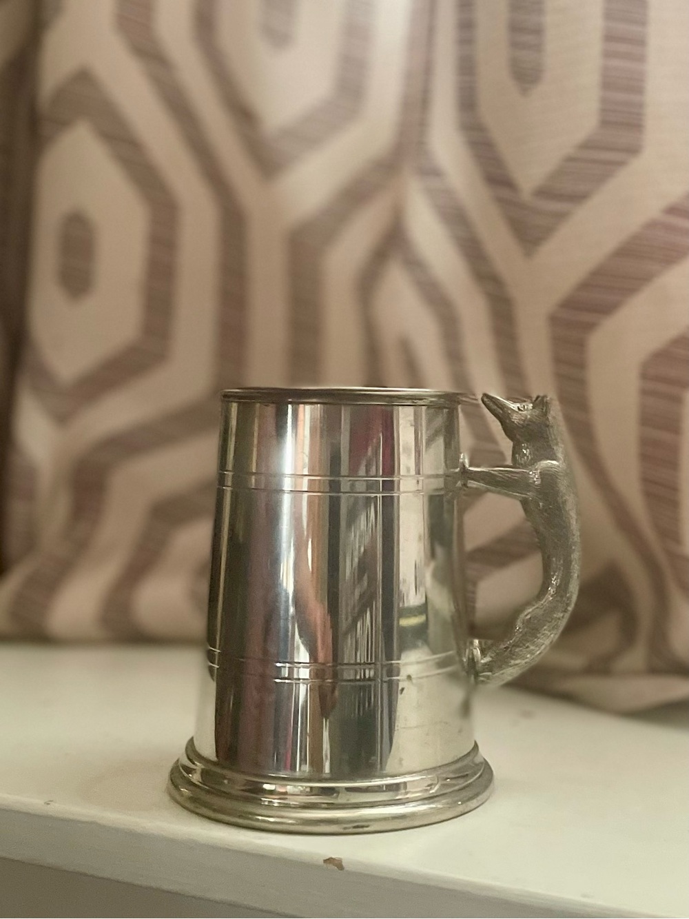 Pewter Tankard Mug with Decorative Fox Handle - Silver